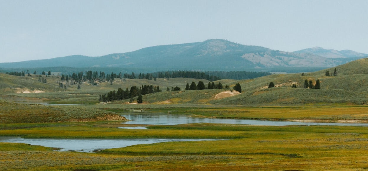 Valley landscape with water features in Yellowstone A wide valley in Yellowstone with water features and open landscape